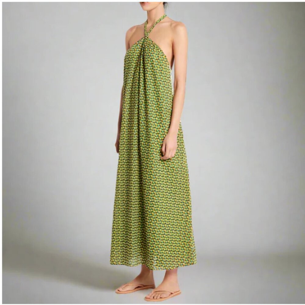 Faithfull The Brand Maxi Dress 10 Halter A-Line Green Cotton Check Rio Print, XL